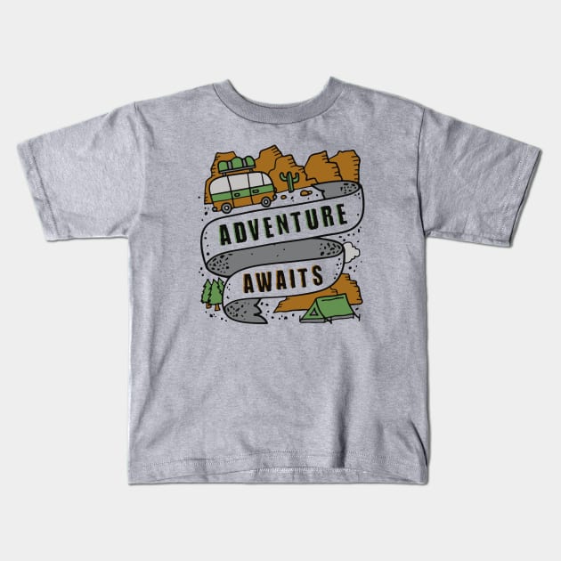 Adventure Awaits Outdoor Camping Tent Mountain Van Travel Kids T-Shirt by Havous